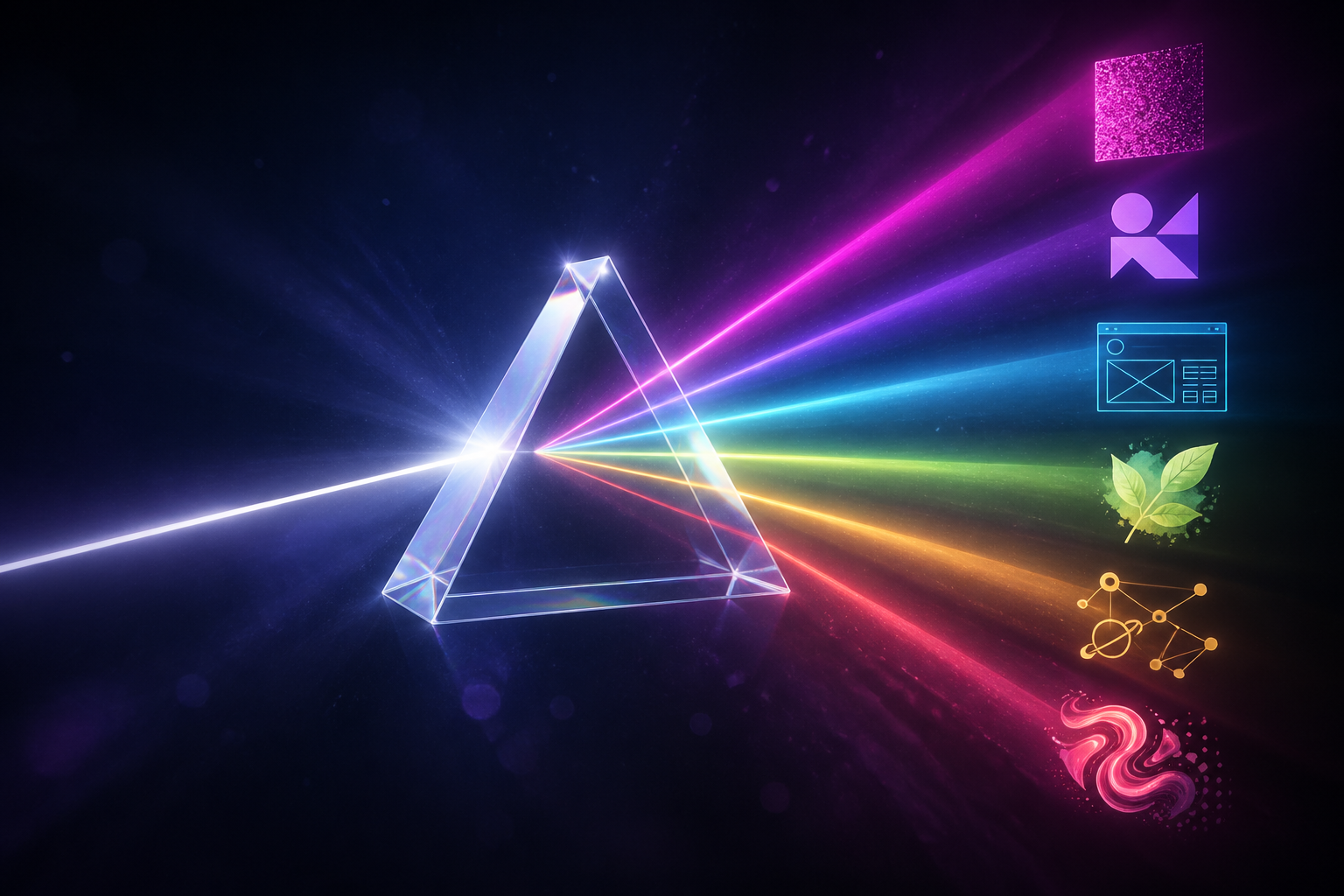 Иллюстрация принципа промптинга: призма расщепляет луч света на множество визуальных стилей